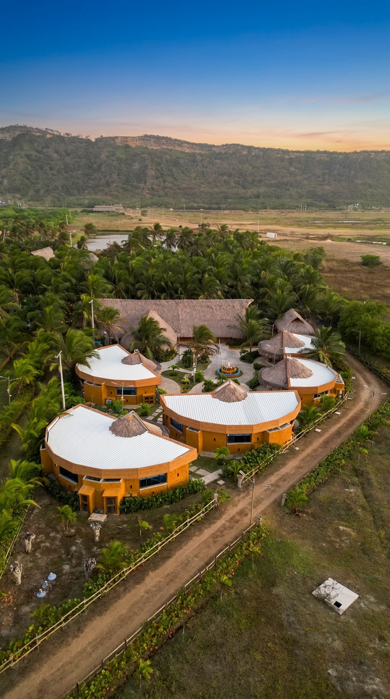 Aerial view of Marahuaco Beach House on the Caribbean coast between Cartagena and Barranquilla Vista aérea de Marahuaco Beach House frente al mar